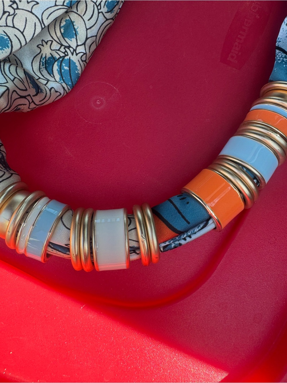 Piper K Printed Silk-Style Necklace Scarf in Blue & Orange w/ animal print too! - Picture 3 of 6